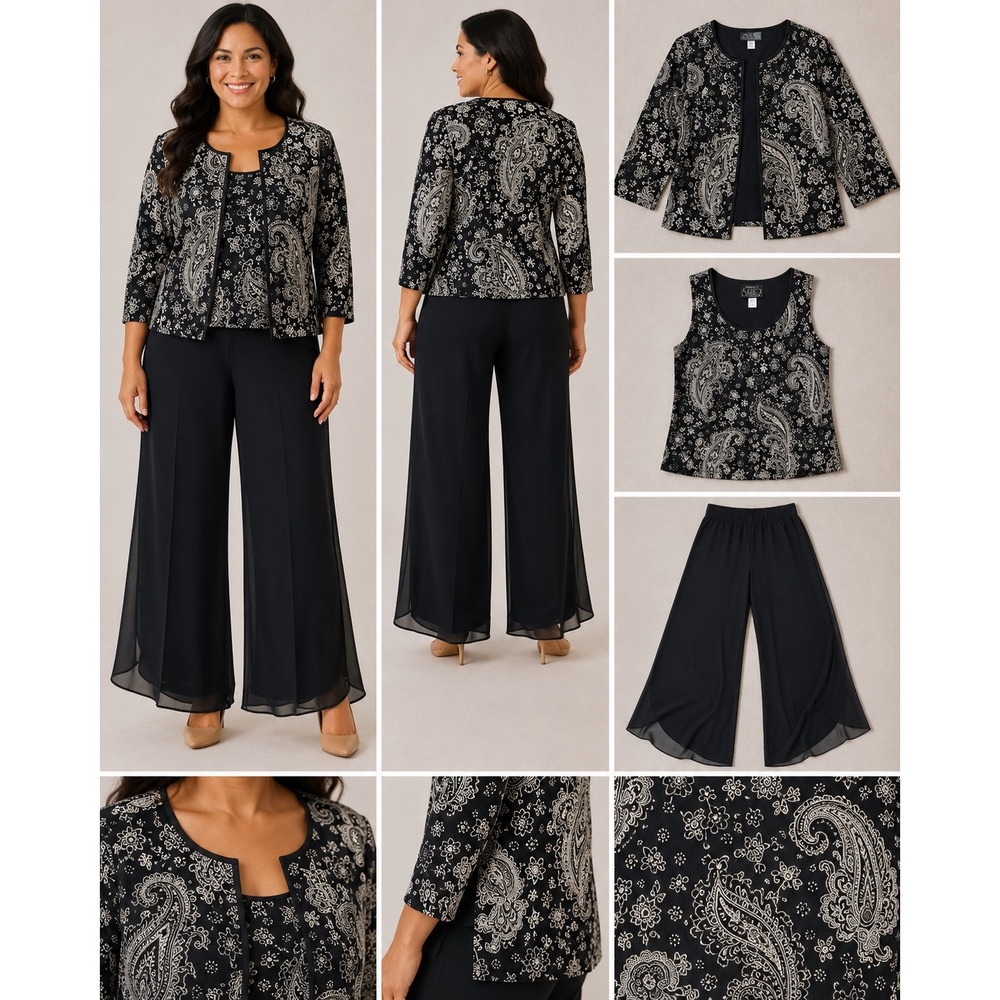 Alex Evenings 1X 3 Piece Pant Suit Set Black Silver Paisley Chiffon Formal